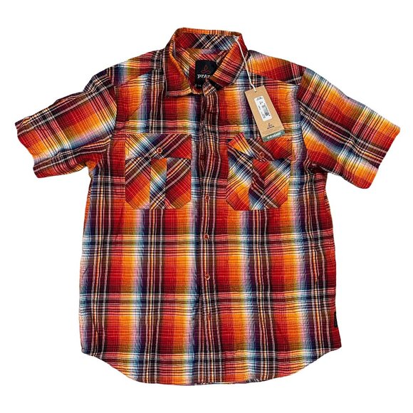 PrAna Ostend NWT Plaid Fireball Short Sleeve Button Down Shirt Men's Size Small - Picture 1 of 6